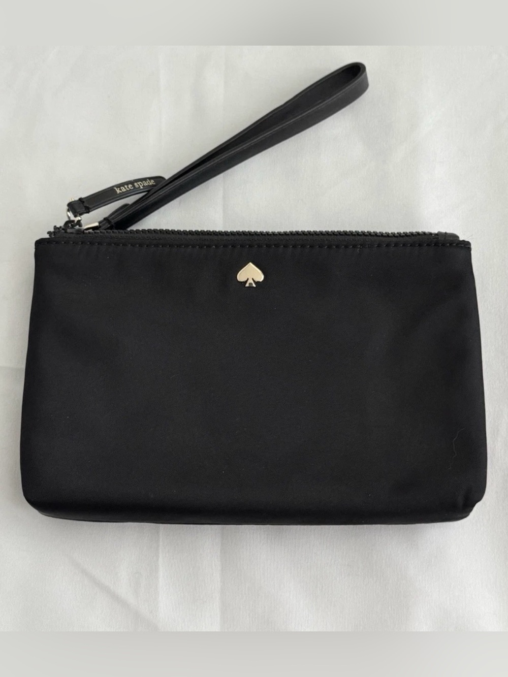 Kate Spade double zip wristlet black nylon with metal Kate Spade logo on front